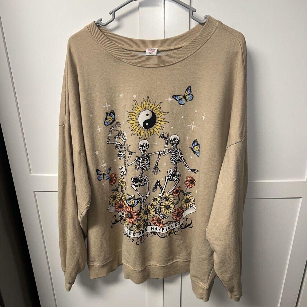 Electric Pink Floral Skeleton Brown Pullover Retro Flower‎ Ying Yang Womens 3XL